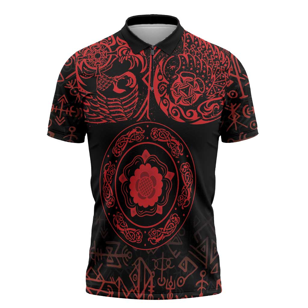 Viking Pride of Yorkshire Zipper Polo Shirt Red Odin’s Ravens Nordic - Wonder Print Shop