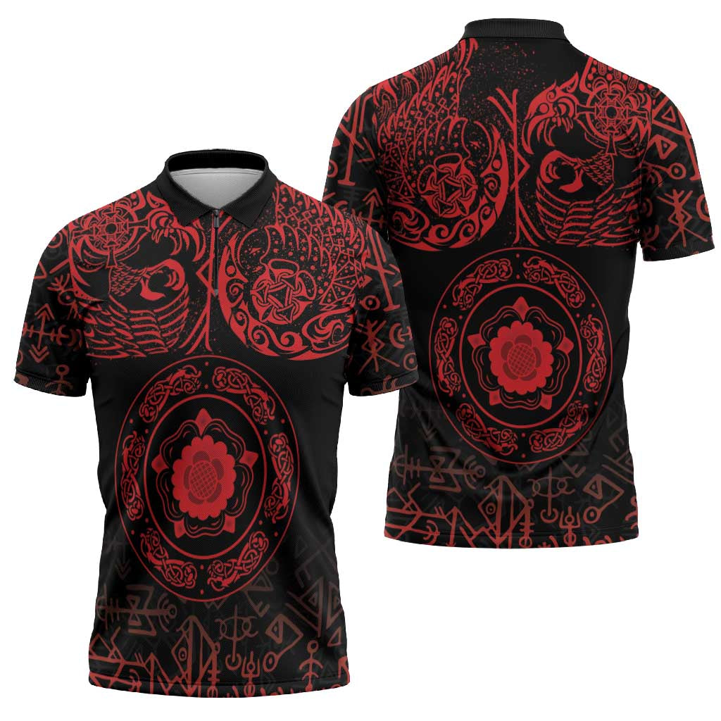 Viking Pride of Yorkshire Zipper Polo Shirt Red Odin’s Ravens Nordic - Wonder Print Shop