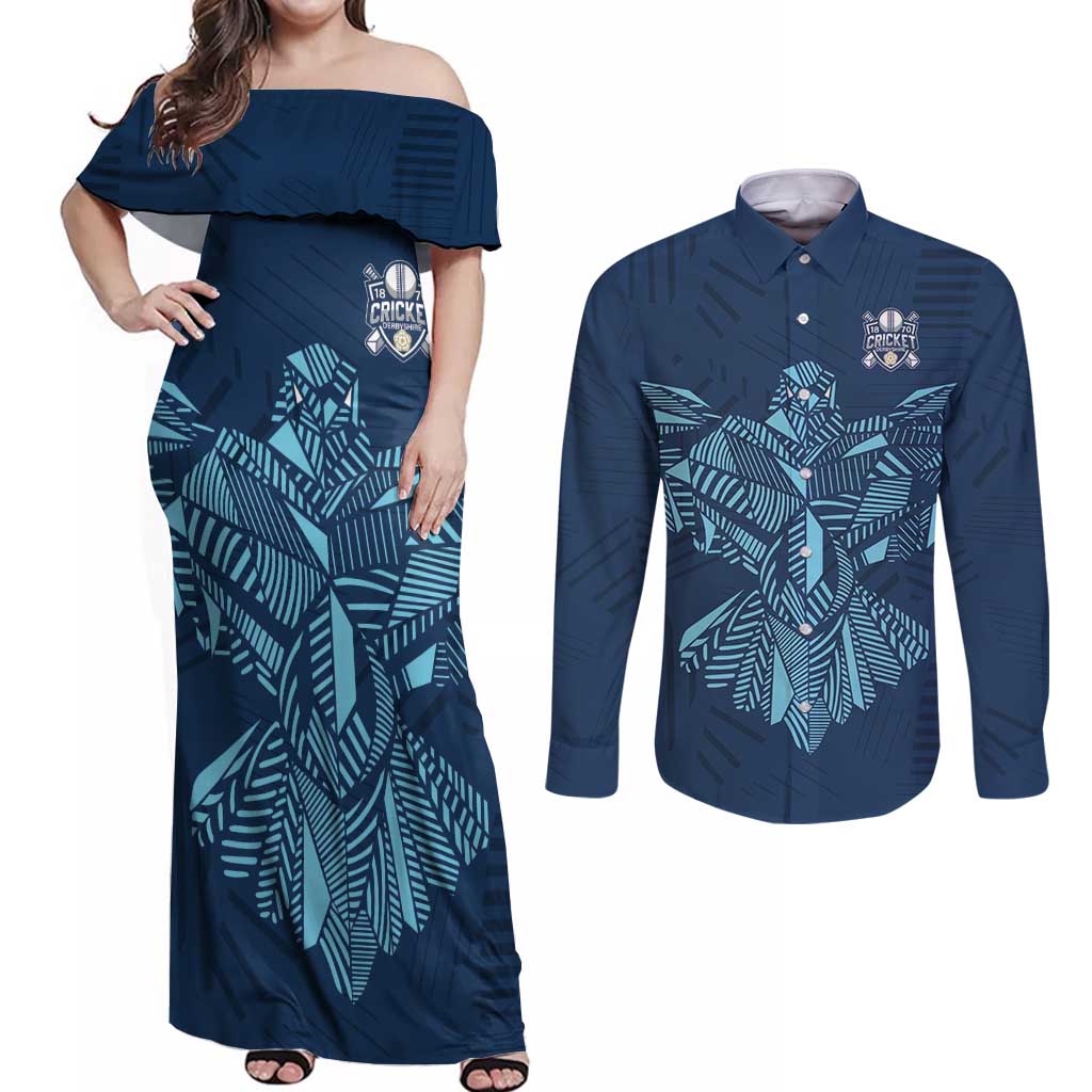 Custom Derbyshire Cricket Spirit Couples Matching Off Shoulder Maxi Dress and Long Sleeve Button Shirt Derbyshire Falcons Sporty Style - Wonder Print Shop