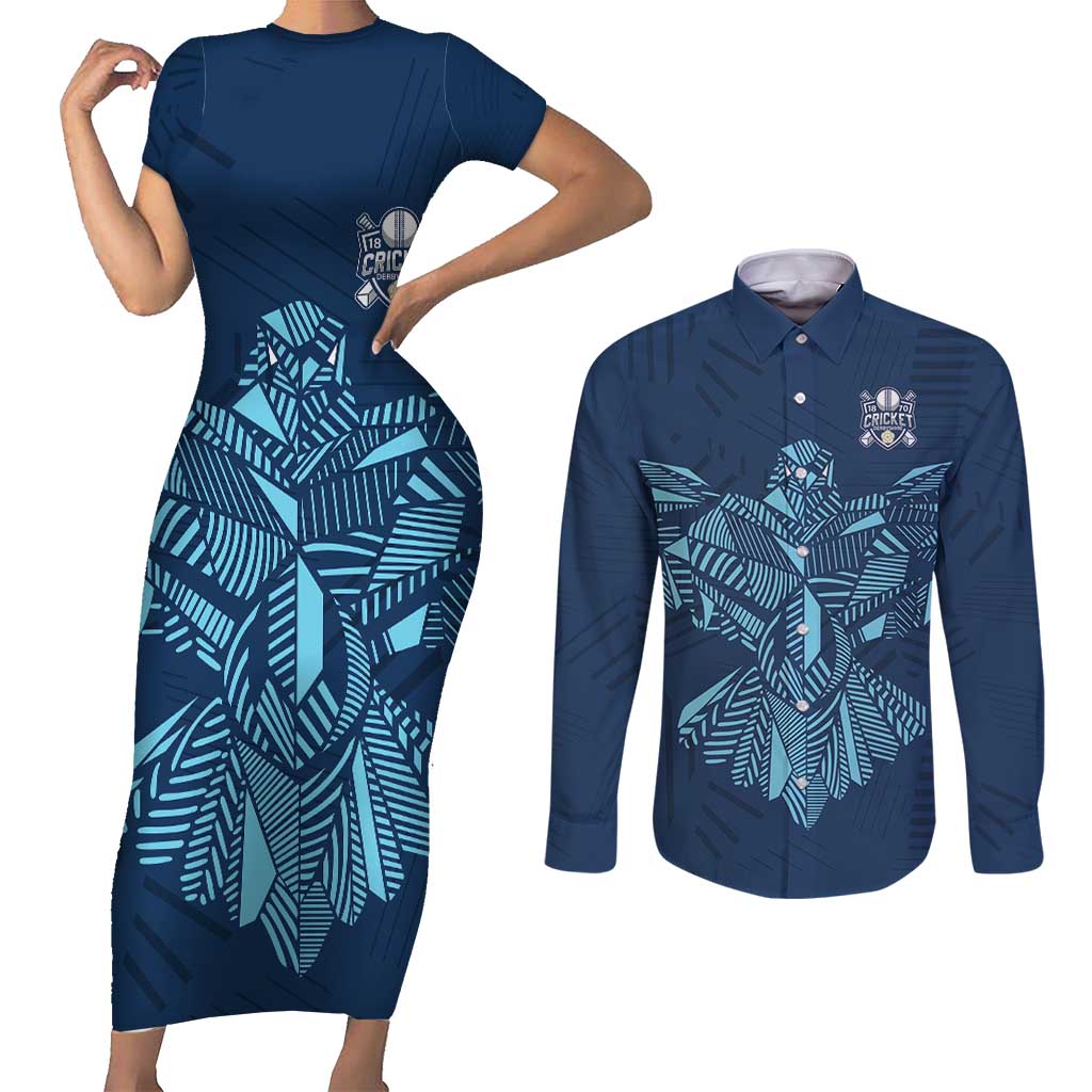 Custom Derbyshire Cricket Spirit Couples Matching Short Sleeve Bodycon Dress and Long Sleeve Button Shirt Derbyshire Falcons Sporty Style - Wonder Print Shop