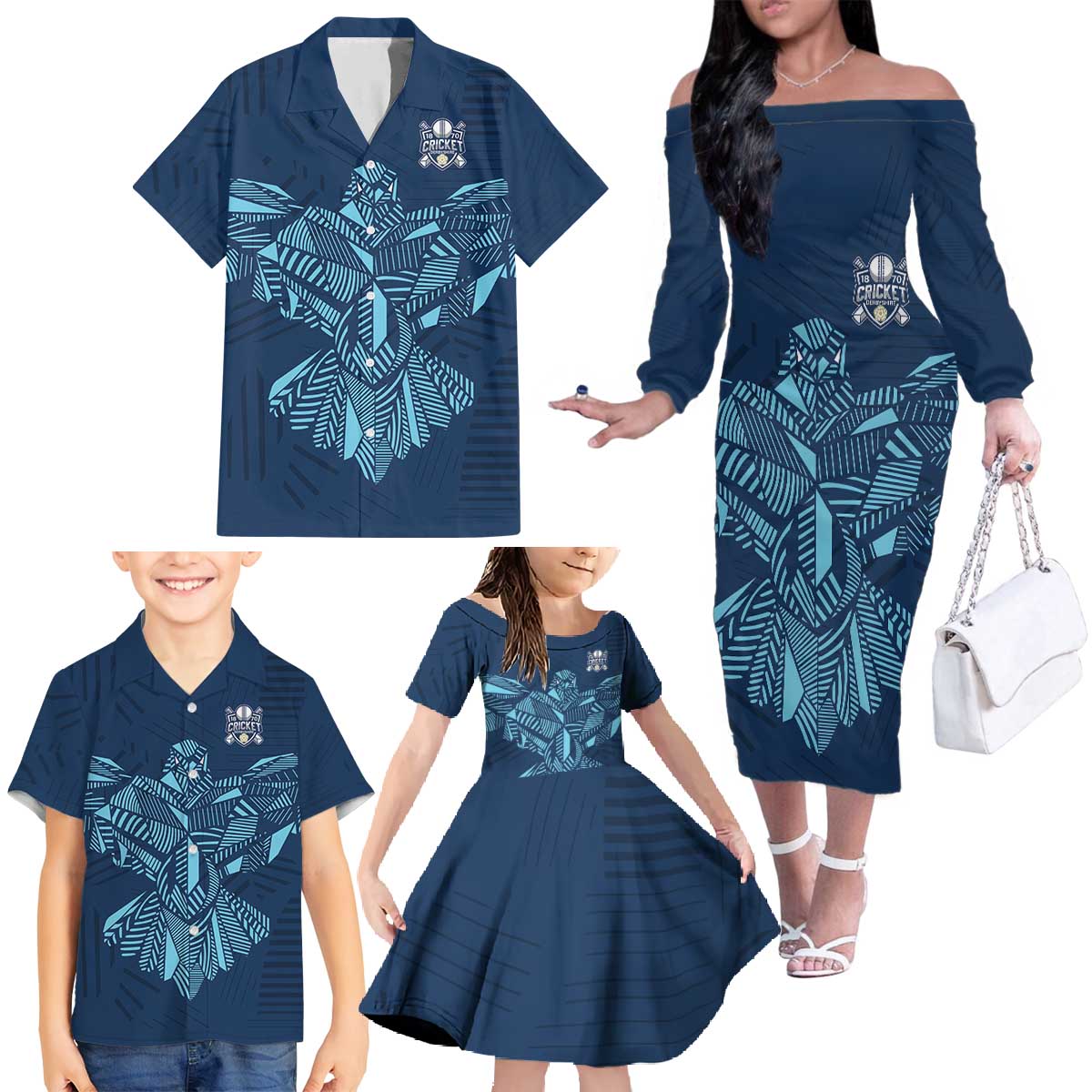 Custom Derbyshire Cricket Spirit Family Matching Off The Shoulder Long Sleeve Dress and Hawaiian Shirt Derbyshire Falcons Sporty Style - Wonder Print Shop