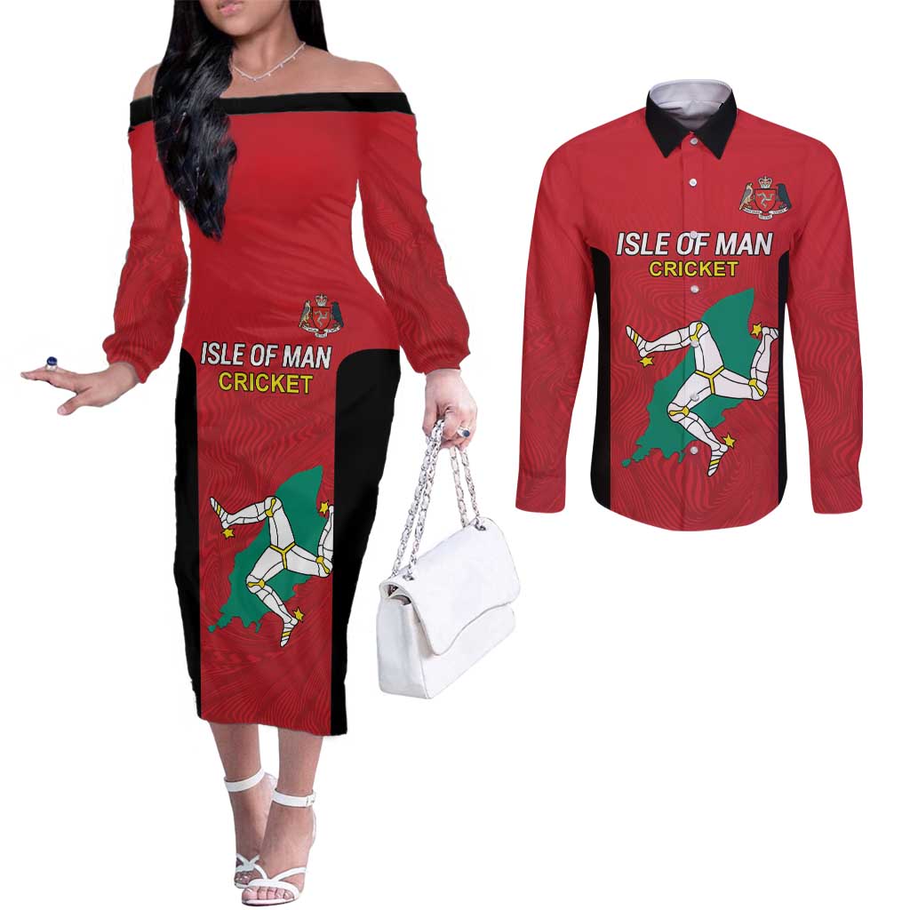 Custom Isle of Man Cricket Couples Matching Off The Shoulder Long Sleeve Dress and Long Sleeve Button Shirt Quocunque Jeceris Stabit - Wonder Print Shop
