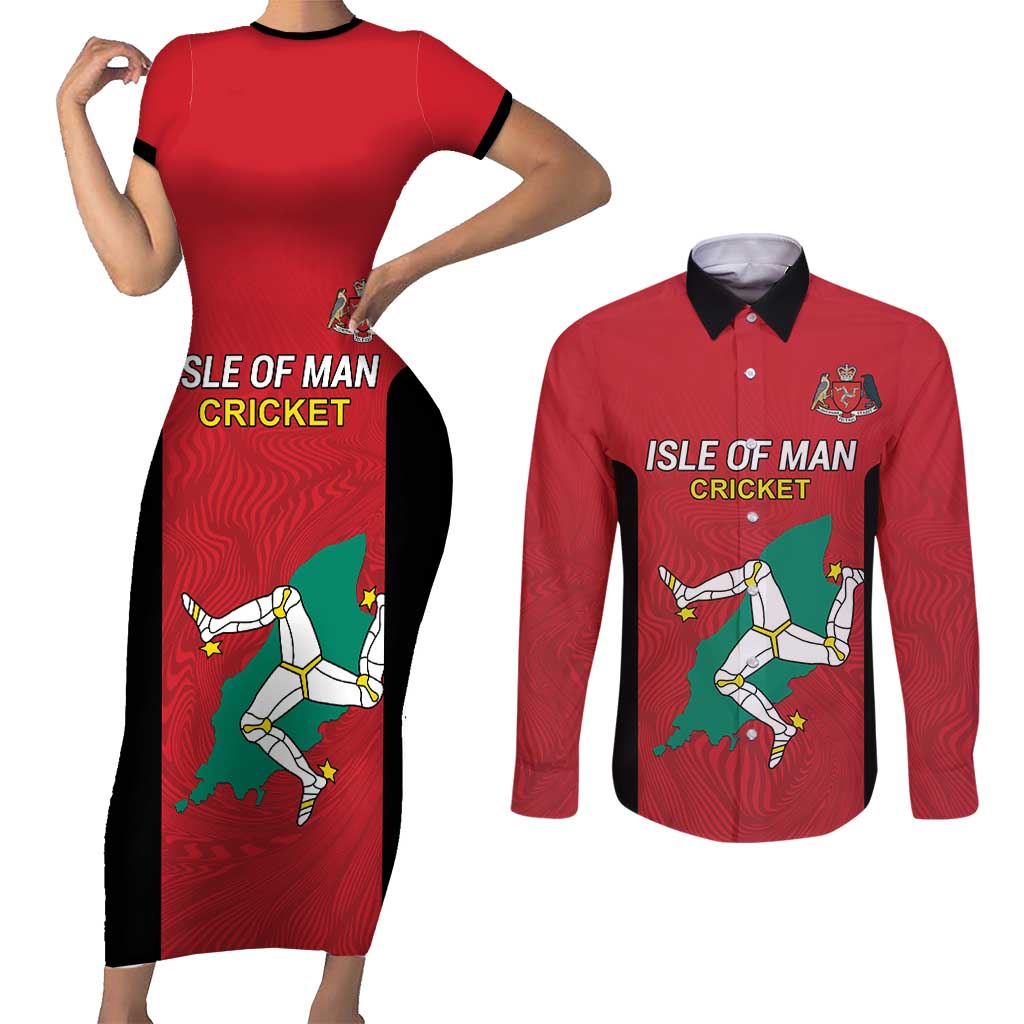 Custom Isle of Man Cricket Couples Matching Short Sleeve Bodycon Dress and Long Sleeve Button Shirt Quocunque Jeceris Stabit - Wonder Print Shop