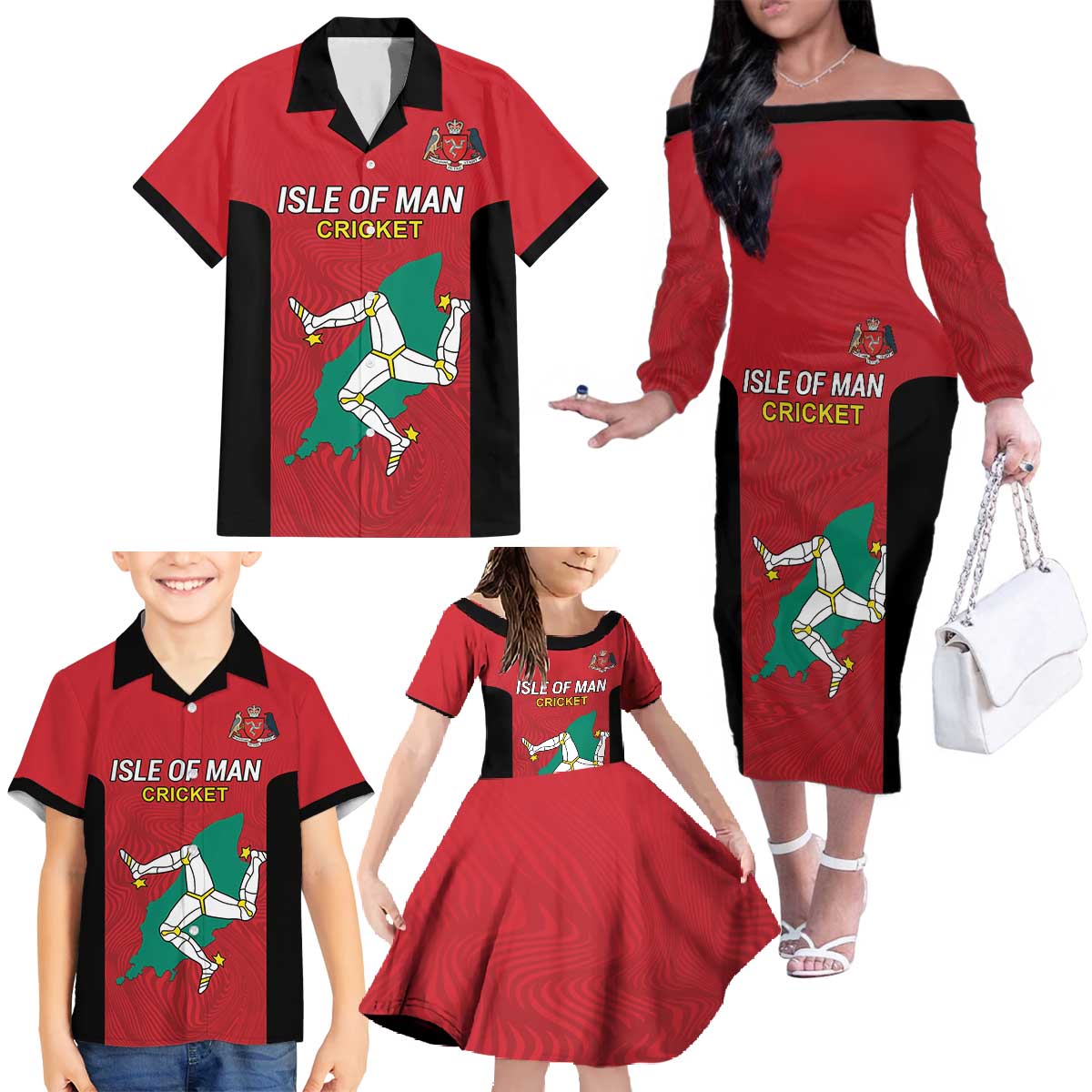 Custom Isle of Man Cricket Family Matching Off The Shoulder Long Sleeve Dress and Hawaiian Shirt Quocunque Jeceris Stabit - Wonder Print Shop