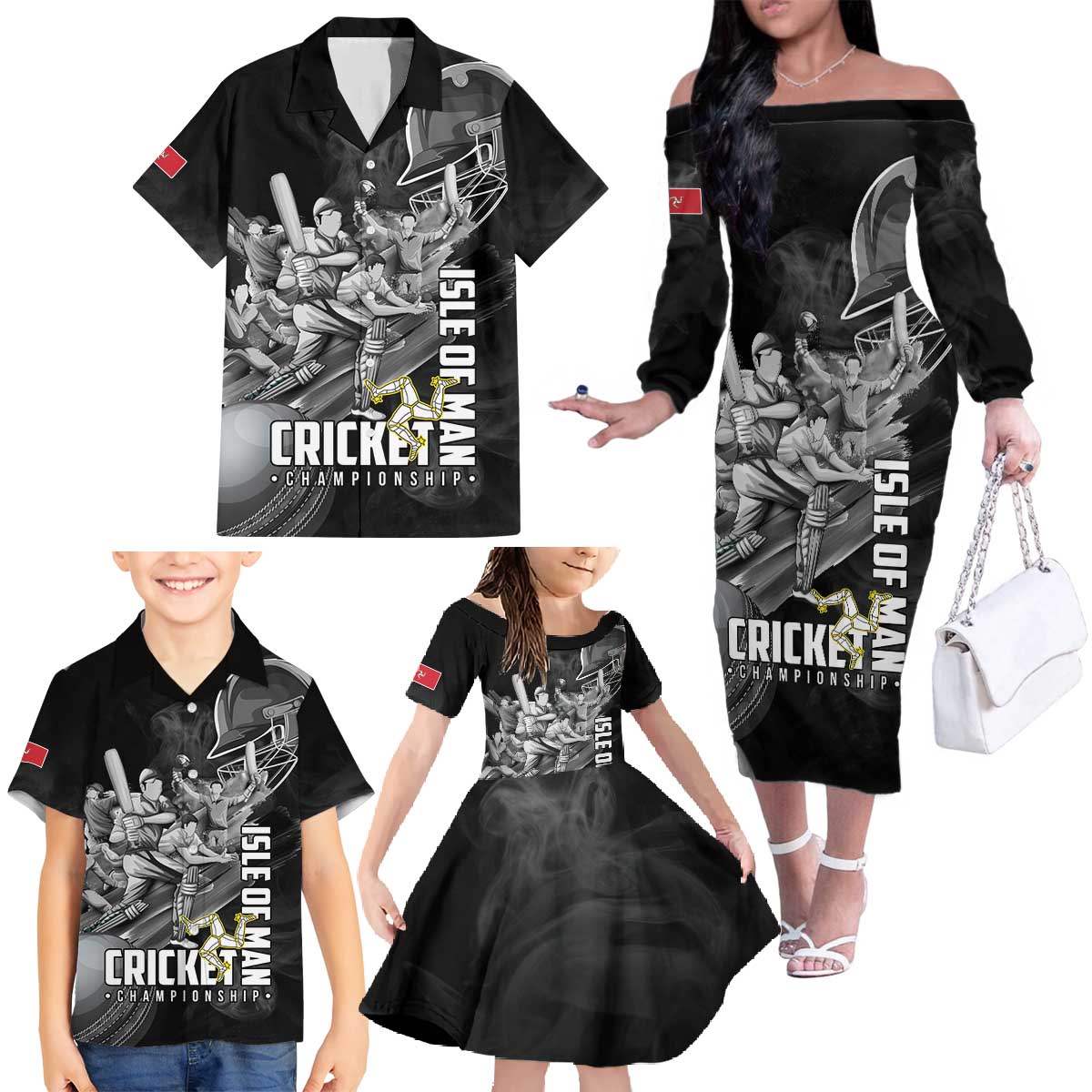 Personalized Isle of Man Cricket Family Matching Off The Shoulder Long Sleeve Dress and Hawaiian Shirt Go Champion - Wonder Print Shop
