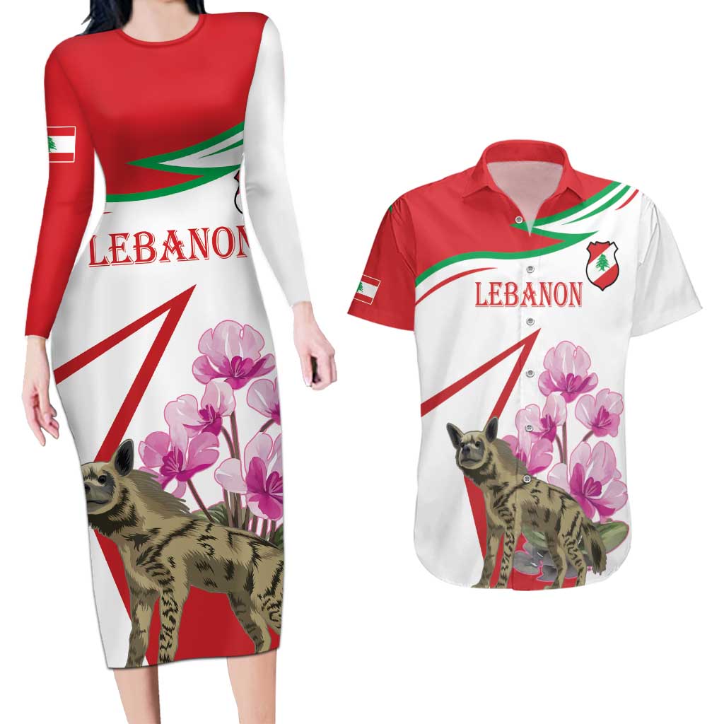 Lebanon Striped Hyena Couples Matching Long Sleeve Bodycon Dress and Hawaiian Shirt With Cyclamen Flowers - Wonder Print Shop