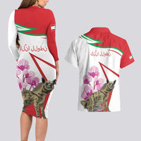 Lebanon Striped Hyena Couples Matching Long Sleeve Bodycon Dress and Hawaiian Shirt With Cyclamen Flowers - Wonder Print Shop