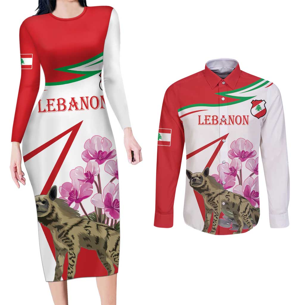Lebanon Striped Hyena Couples Matching Long Sleeve Bodycon Dress and Long Sleeve Button Shirt With Cyclamen Flowers - Wonder Print Shop
