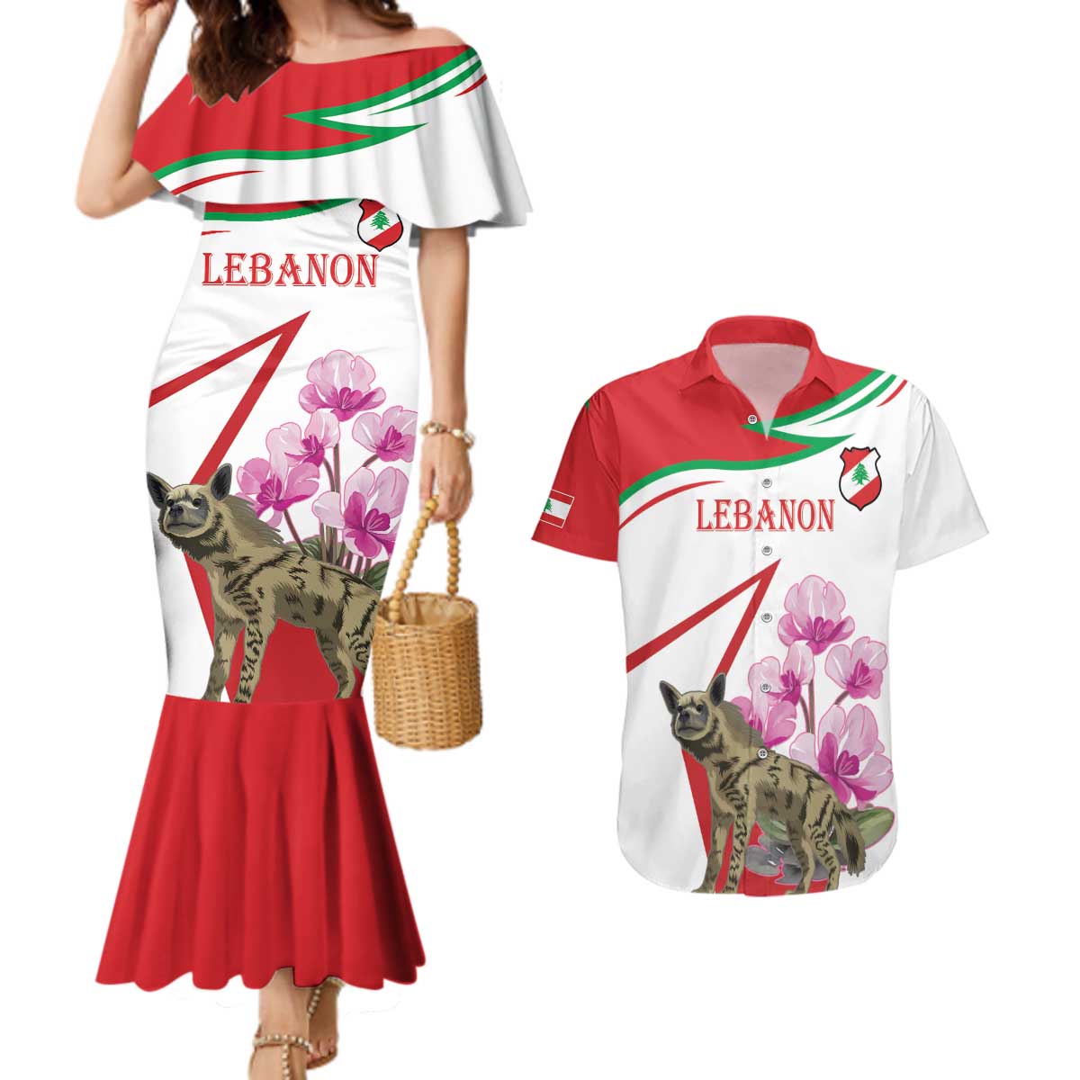 Lebanon Striped Hyena Couples Matching Mermaid Dress and Hawaiian Shirt With Cyclamen Flowers - Wonder Print Shop