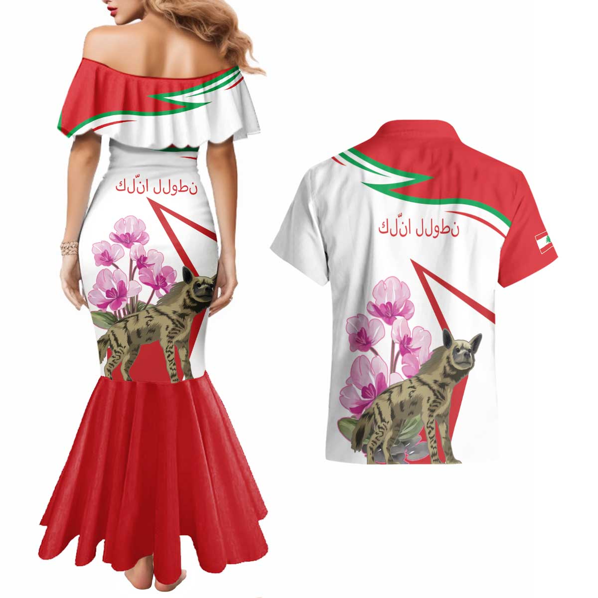 Lebanon Striped Hyena Couples Matching Mermaid Dress and Hawaiian Shirt With Cyclamen Flowers - Wonder Print Shop