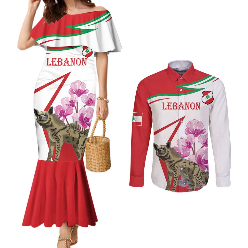 Lebanon Striped Hyena Couples Matching Mermaid Dress and Long Sleeve Button Shirt With Cyclamen Flowers