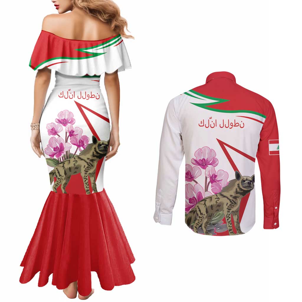 Lebanon Striped Hyena Couples Matching Mermaid Dress and Long Sleeve Button Shirt With Cyclamen Flowers