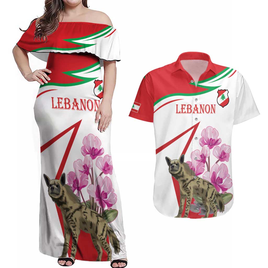 Lebanon Striped Hyena Couples Matching Off Shoulder Maxi Dress and Hawaiian Shirt With Cyclamen Flowers - Wonder Print Shop