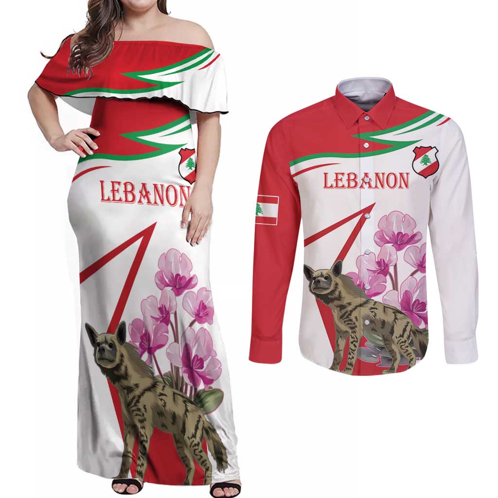 Lebanon Striped Hyena Couples Matching Off Shoulder Maxi Dress and Long Sleeve Button Shirt With Cyclamen Flowers - Wonder Print Shop
