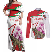 Lebanon Striped Hyena Couples Matching Off Shoulder Maxi Dress and Long Sleeve Button Shirt With Cyclamen Flowers - Wonder Print Shop