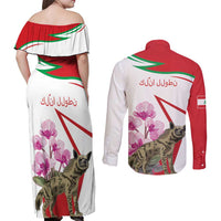Lebanon Striped Hyena Couples Matching Off Shoulder Maxi Dress and Long Sleeve Button Shirt With Cyclamen Flowers - Wonder Print Shop
