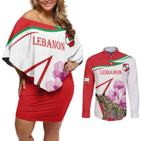 Lebanon Striped Hyena Couples Matching Off Shoulder Short Dress and Long Sleeve Button Shirt With Cyclamen Flowers - Wonder Print Shop