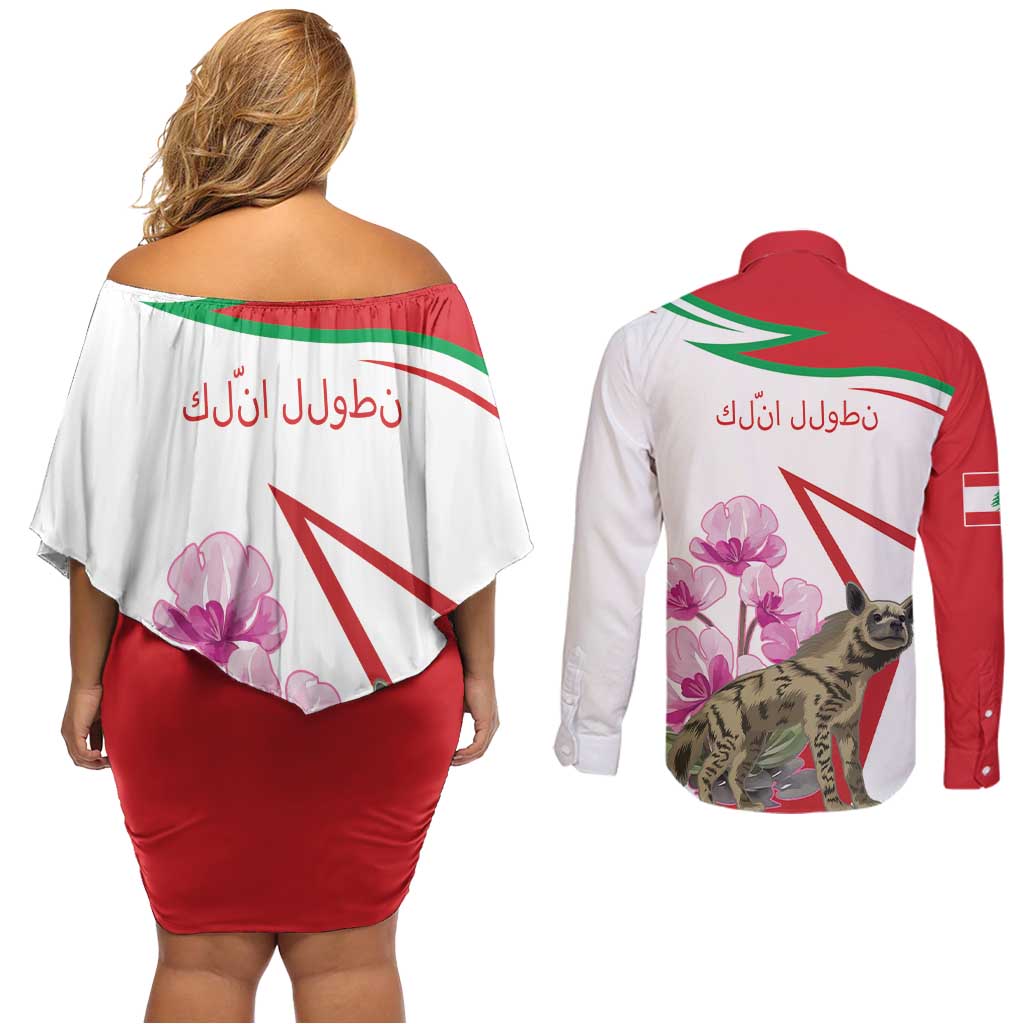 Lebanon Striped Hyena Couples Matching Off Shoulder Short Dress and Long Sleeve Button Shirt With Cyclamen Flowers - Wonder Print Shop