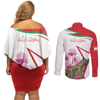 Lebanon Striped Hyena Couples Matching Off Shoulder Short Dress and Long Sleeve Button Shirt With Cyclamen Flowers - Wonder Print Shop