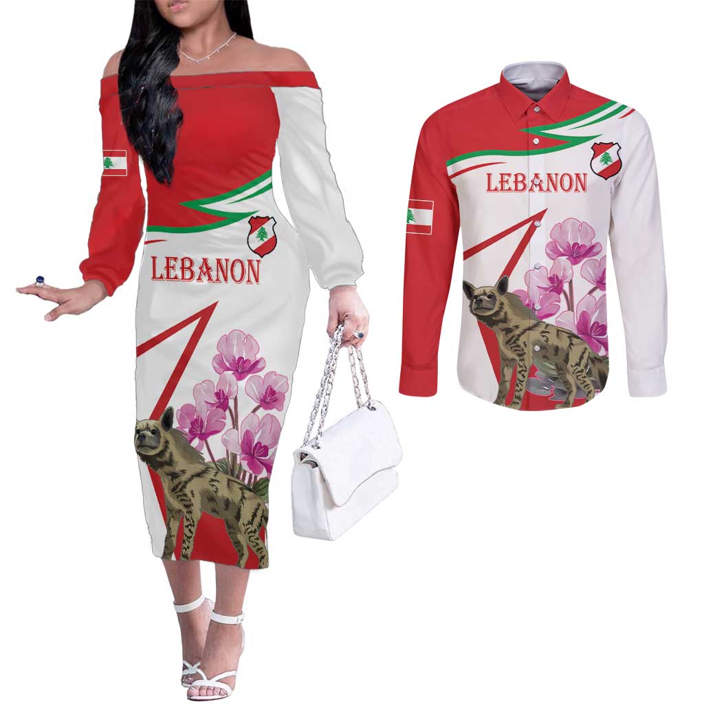 Lebanon Striped Hyena Couples Matching Off The Shoulder Long Sleeve Dress and Long Sleeve Button Shirt With Cyclamen Flowers