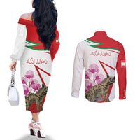 Lebanon Striped Hyena Couples Matching Off The Shoulder Long Sleeve Dress and Long Sleeve Button Shirt With Cyclamen Flowers