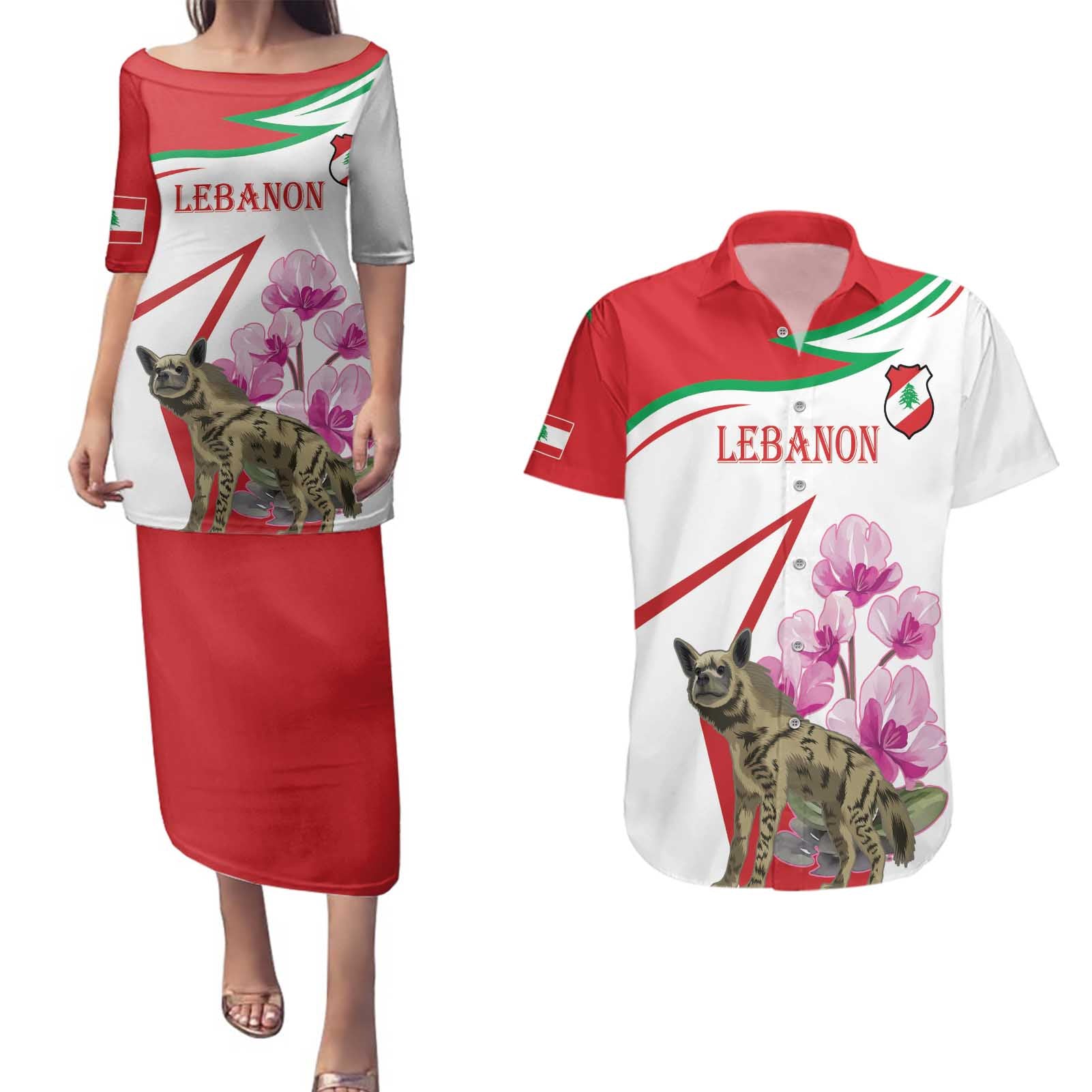 Lebanon Striped Hyena Couples Matching Puletasi and Hawaiian Shirt With Cyclamen Flowers - Wonder Print Shop