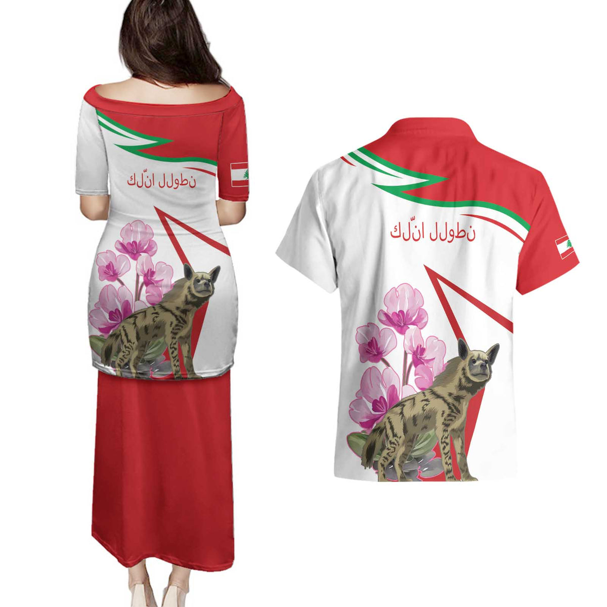 Lebanon Striped Hyena Couples Matching Puletasi and Hawaiian Shirt With Cyclamen Flowers - Wonder Print Shop
