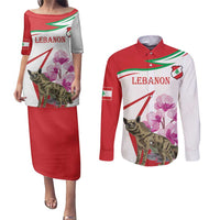 Lebanon Striped Hyena Couples Matching Puletasi and Long Sleeve Button Shirt With Cyclamen Flowers - Wonder Print Shop