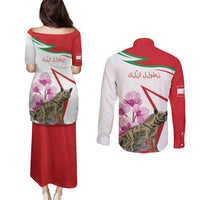 Lebanon Striped Hyena Couples Matching Puletasi and Long Sleeve Button Shirt With Cyclamen Flowers - Wonder Print Shop