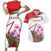 Lebanon Striped Hyena Couples Matching Short Sleeve Bodycon Dress and Hawaiian Shirt With Cyclamen Flowers - Wonder Print Shop