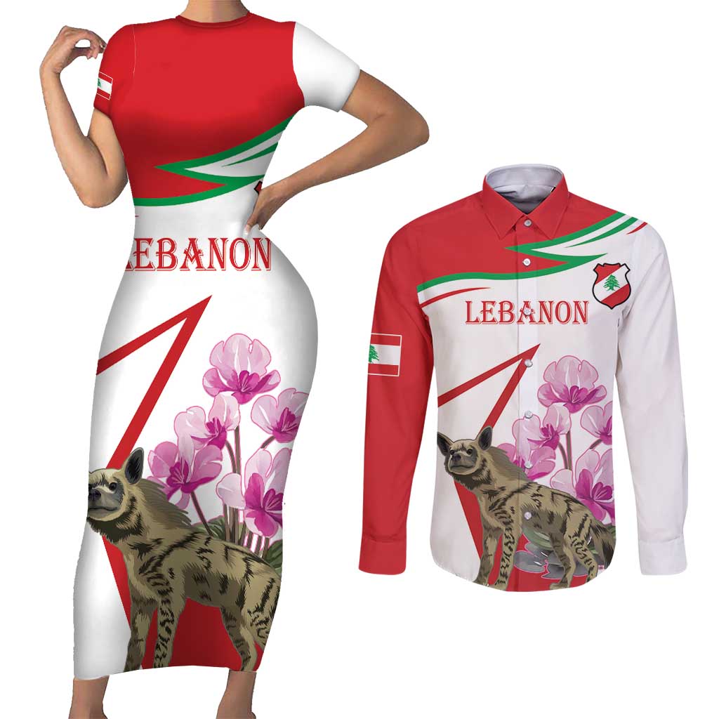 Lebanon Striped Hyena Couples Matching Short Sleeve Bodycon Dress and Long Sleeve Button Shirt With Cyclamen Flowers - Wonder Print Shop