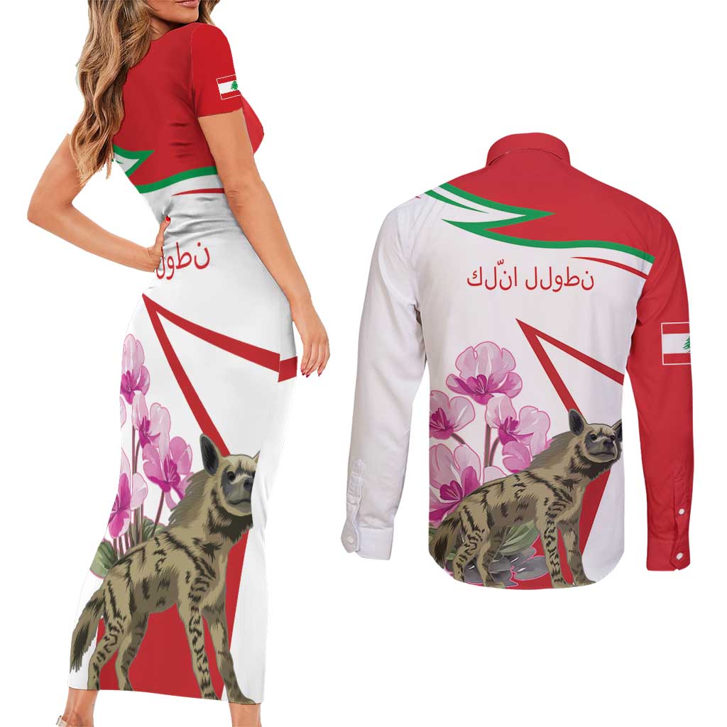 Lebanon Striped Hyena Couples Matching Short Sleeve Bodycon Dress and Long Sleeve Button Shirt With Cyclamen Flowers - Wonder Print Shop