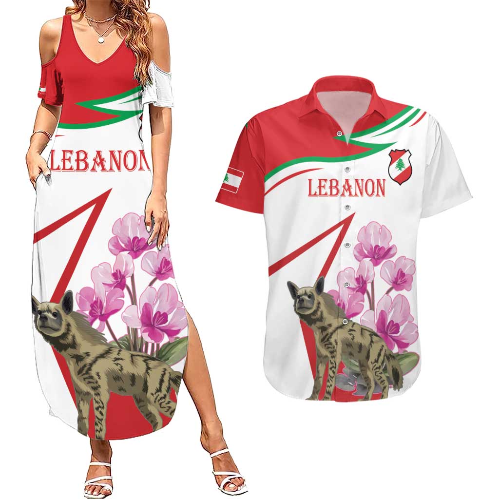 Lebanon Striped Hyena Couples Matching Summer Maxi Dress and Hawaiian Shirt With Cyclamen Flowers - Wonder Print Shop