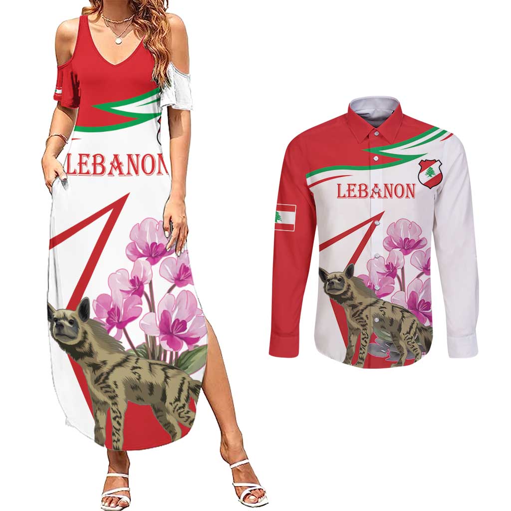 Lebanon Striped Hyena Couples Matching Summer Maxi Dress and Long Sleeve Button Shirt With Cyclamen Flowers - Wonder Print Shop