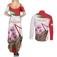 Lebanon Striped Hyena Couples Matching Summer Maxi Dress and Long Sleeve Button Shirt With Cyclamen Flowers - Wonder Print Shop