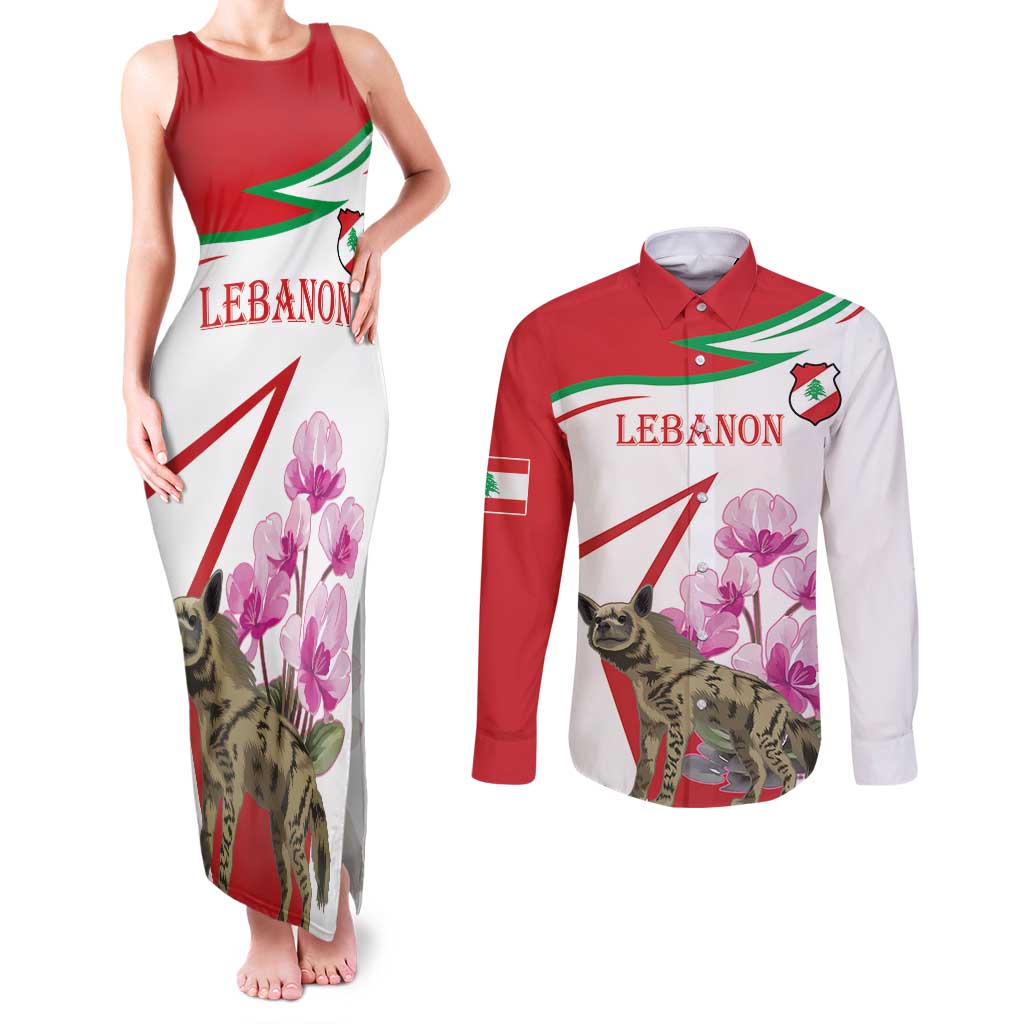 Lebanon Striped Hyena Couples Matching Tank Maxi Dress and Long Sleeve Button Shirt With Cyclamen Flowers - Wonder Print Shop