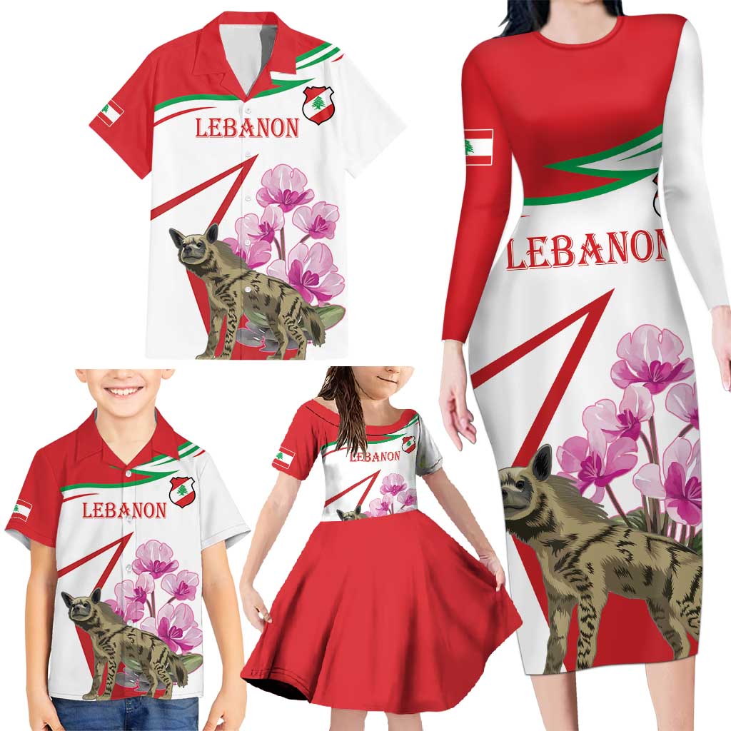 Lebanon Striped Hyena Family Matching Long Sleeve Bodycon Dress and Hawaiian Shirt With Cyclamen Flowers - Wonder Print Shop