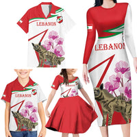 Lebanon Striped Hyena Family Matching Long Sleeve Bodycon Dress and Hawaiian Shirt With Cyclamen Flowers - Wonder Print Shop