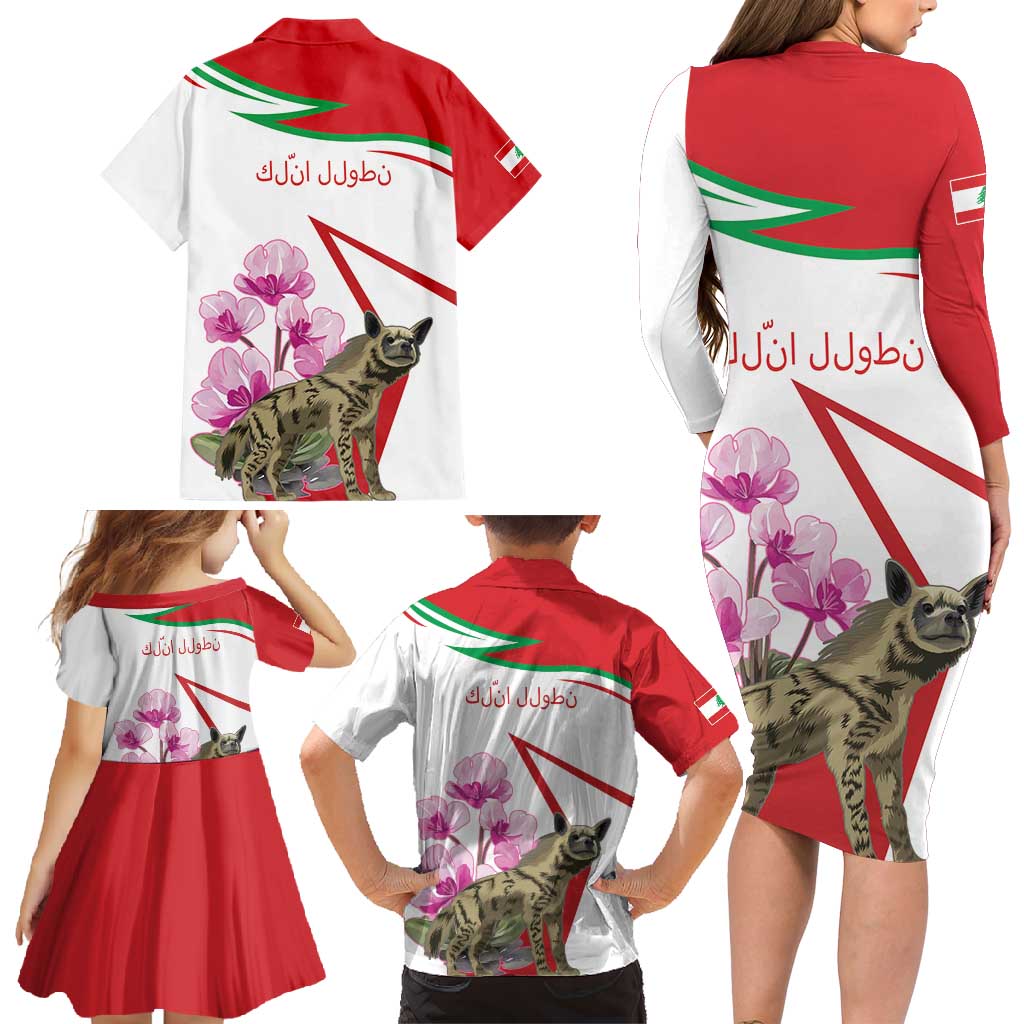 Lebanon Striped Hyena Family Matching Long Sleeve Bodycon Dress and Hawaiian Shirt With Cyclamen Flowers - Wonder Print Shop