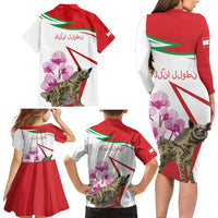 Lebanon Striped Hyena Family Matching Long Sleeve Bodycon Dress and Hawaiian Shirt With Cyclamen Flowers - Wonder Print Shop