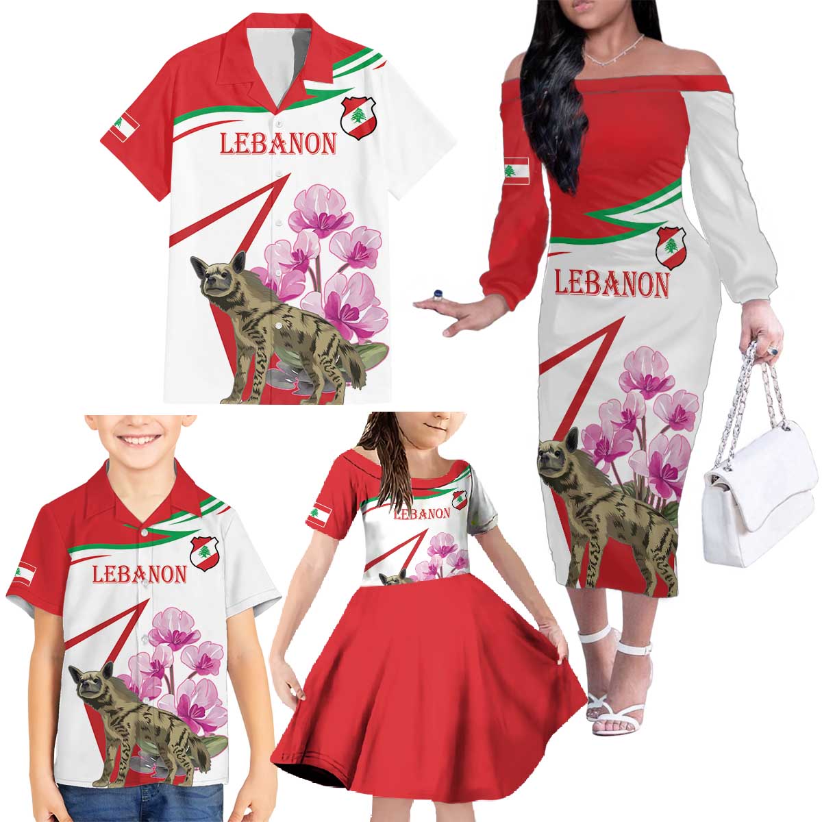 Lebanon Striped Hyena Family Matching Off The Shoulder Long Sleeve Dress and Hawaiian Shirt With Cyclamen Flowers - Wonder Print Shop