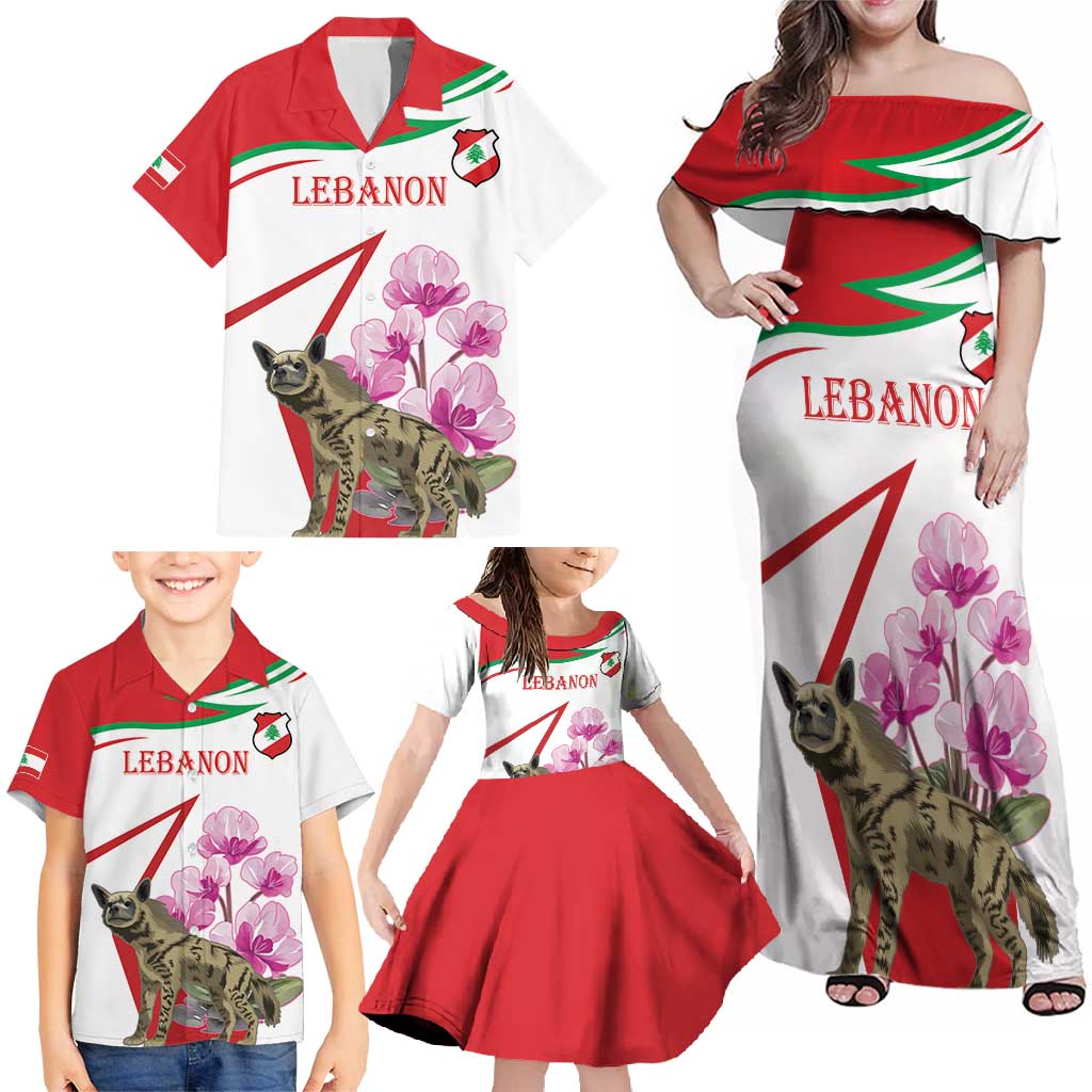 Lebanon Striped Hyena Family Matching Off Shoulder Maxi Dress and Hawaiian Shirt With Cyclamen Flowers - Wonder Print Shop