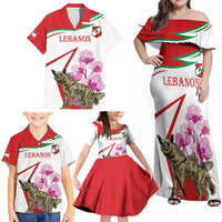 Lebanon Striped Hyena Family Matching Off Shoulder Maxi Dress and Hawaiian Shirt With Cyclamen Flowers - Wonder Print Shop