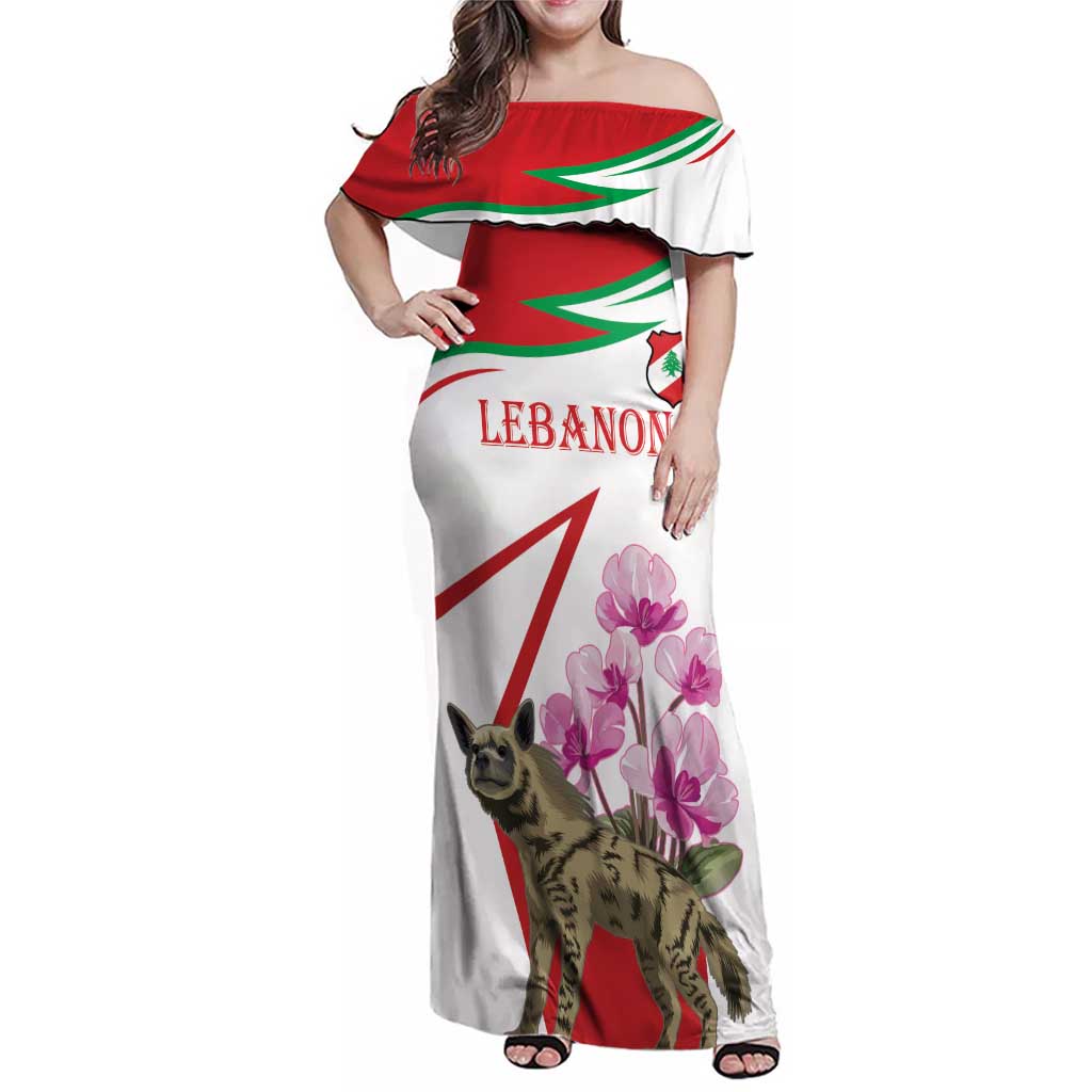 Lebanon Striped Hyena Family Matching Off Shoulder Maxi Dress and Hawaiian Shirt With Cyclamen Flowers - Wonder Print Shop