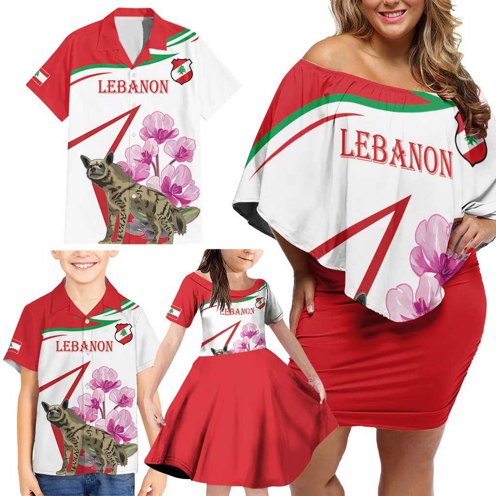 Lebanon Striped Hyena Family Matching Off Shoulder Short Dress and Hawaiian Shirt With Cyclamen Flowers - Wonder Print Shop