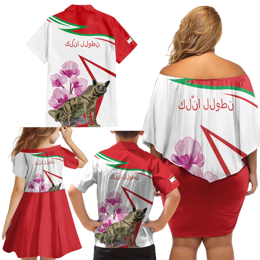 Lebanon Striped Hyena Family Matching Off Shoulder Short Dress and Hawaiian Shirt With Cyclamen Flowers - Wonder Print Shop