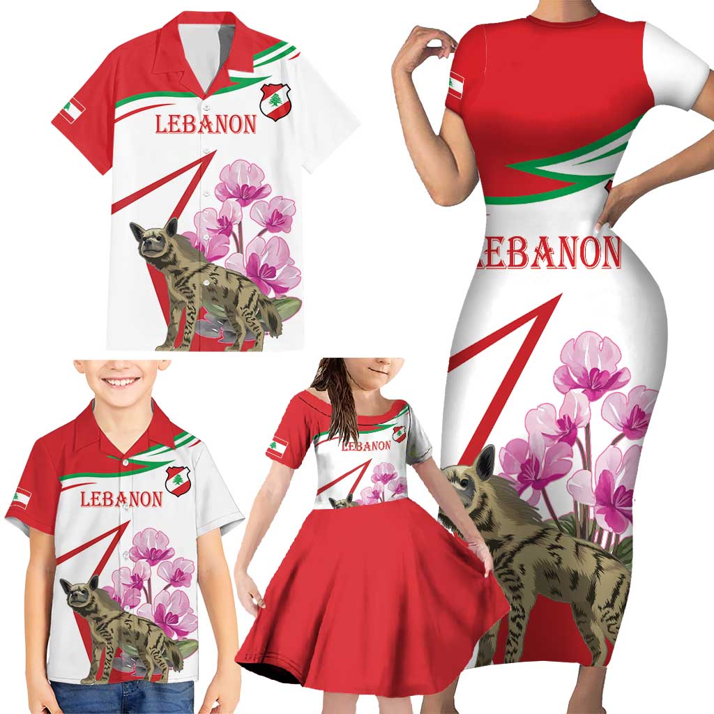 Lebanon Striped Hyena Family Matching Short Sleeve Bodycon Dress and Hawaiian Shirt With Cyclamen Flowers - Wonder Print Shop