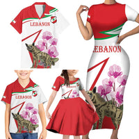 Lebanon Striped Hyena Family Matching Short Sleeve Bodycon Dress and Hawaiian Shirt With Cyclamen Flowers - Wonder Print Shop