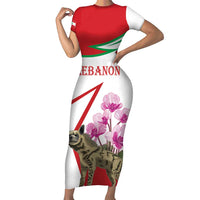 Lebanon Striped Hyena Family Matching Short Sleeve Bodycon Dress and Hawaiian Shirt With Cyclamen Flowers - Wonder Print Shop