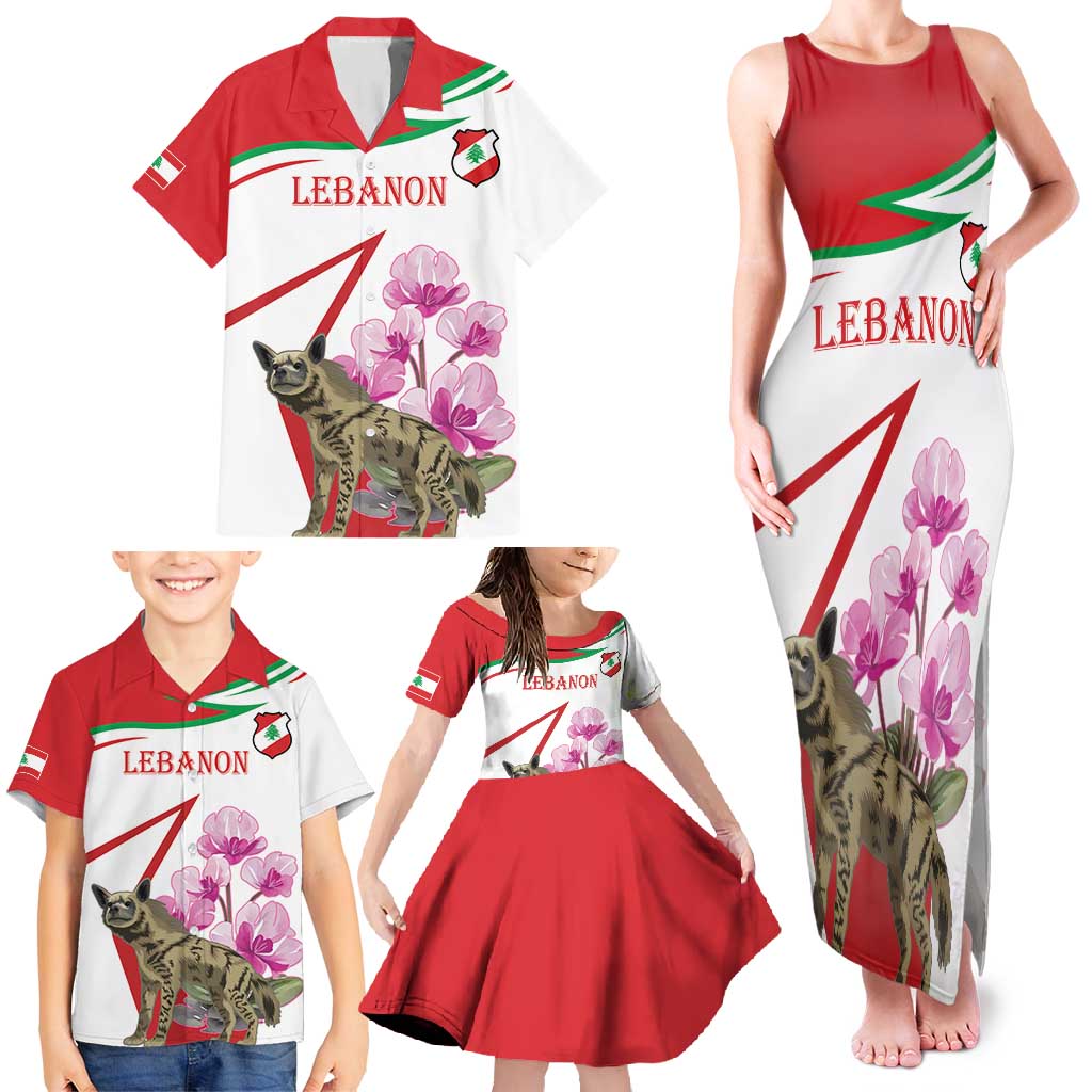 Lebanon Striped Hyena Family Matching Tank Maxi Dress and Hawaiian Shirt With Cyclamen Flowers - Wonder Print Shop